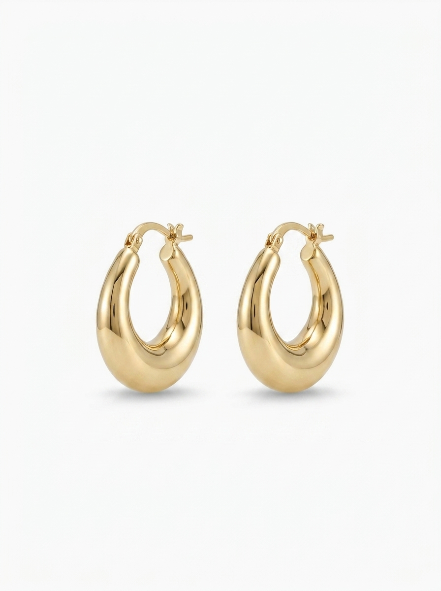 Front view of 18K Gold Tapered Oval Hoop Earrings