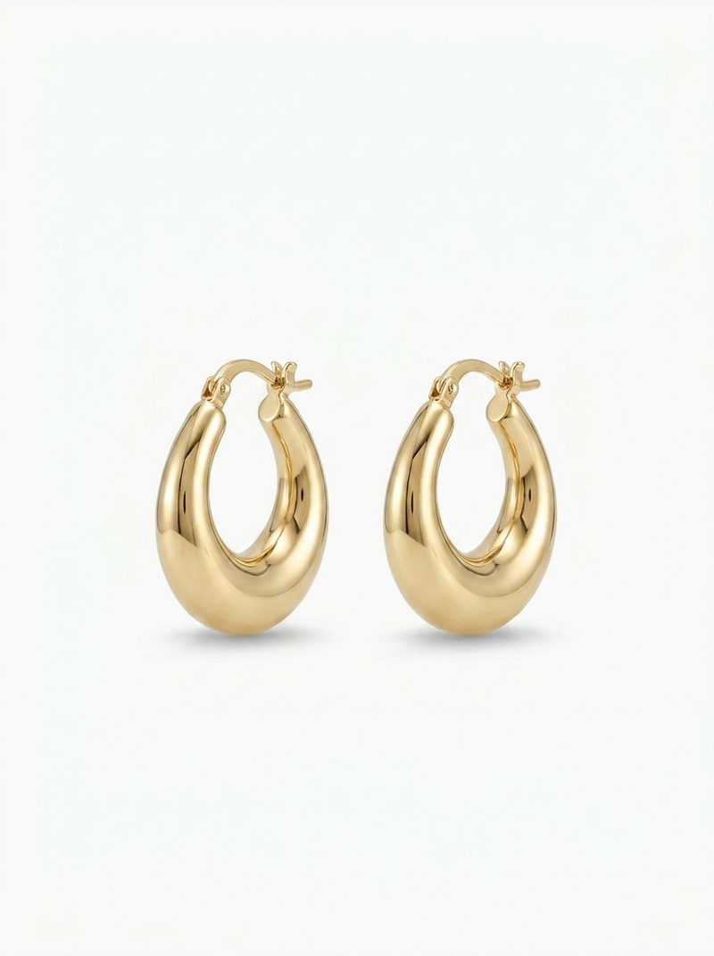 Front view of 18K Gold Tapered Oval Hoop Earrings