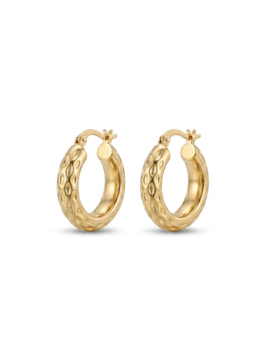 Front view of 18K Gold Textured Oval Hoop Earrings