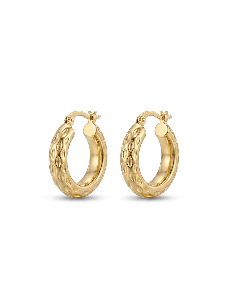 Front view of 18K Gold Textured Oval Hoop Earrings