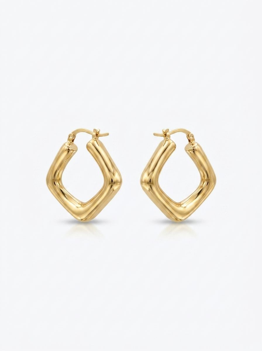 Front view of 18K Gold Geometric Diamond Hoop Earrings