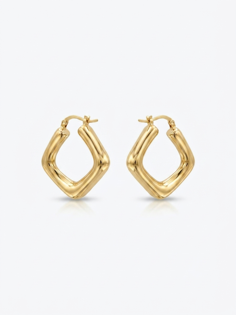 Front view of 18K Gold Geometric Diamond Hoop Earrings