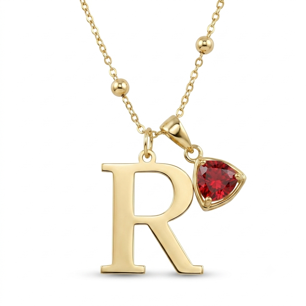 18K Gold "R" Initial Pendant with Ruby | Personalized Gold Letter Necklace