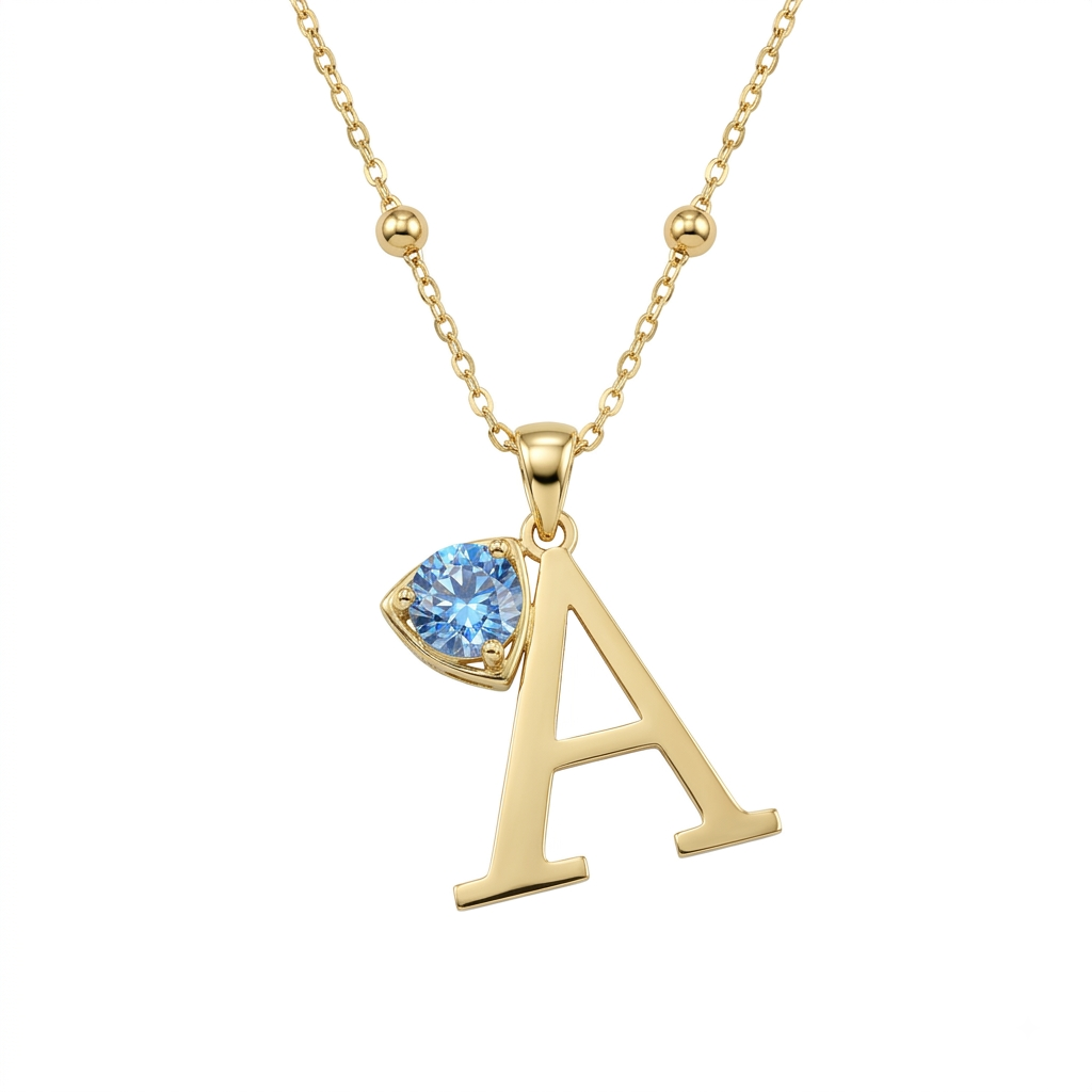 18K Gold "A" Initial Pendant with Blue Sapphire | Personalized Luxury Necklace