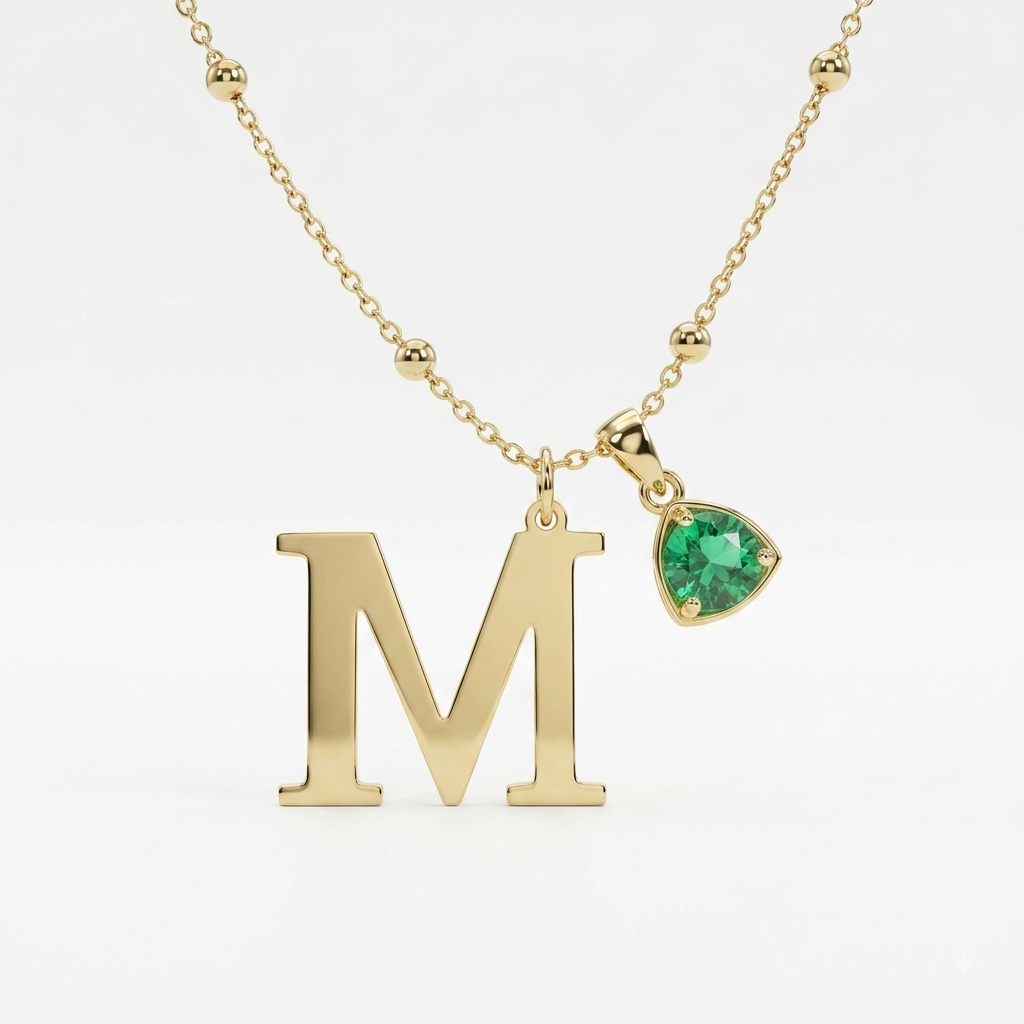 18K Gold "M" Initial Pendant with Emerald | Personalized Gold Letter Necklace