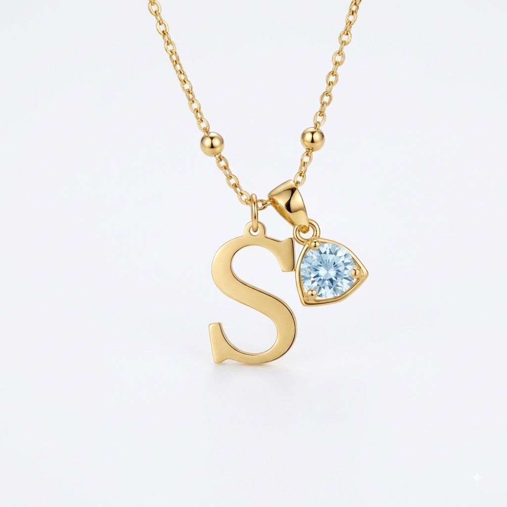 18K Gold "S" Initial Pendant with Blue Topaz | Personalized Luxury Necklace