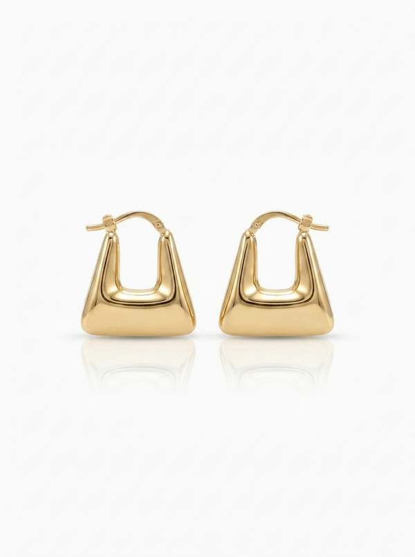 Front view of 18K Gold Trapezoid Hoop Earrings