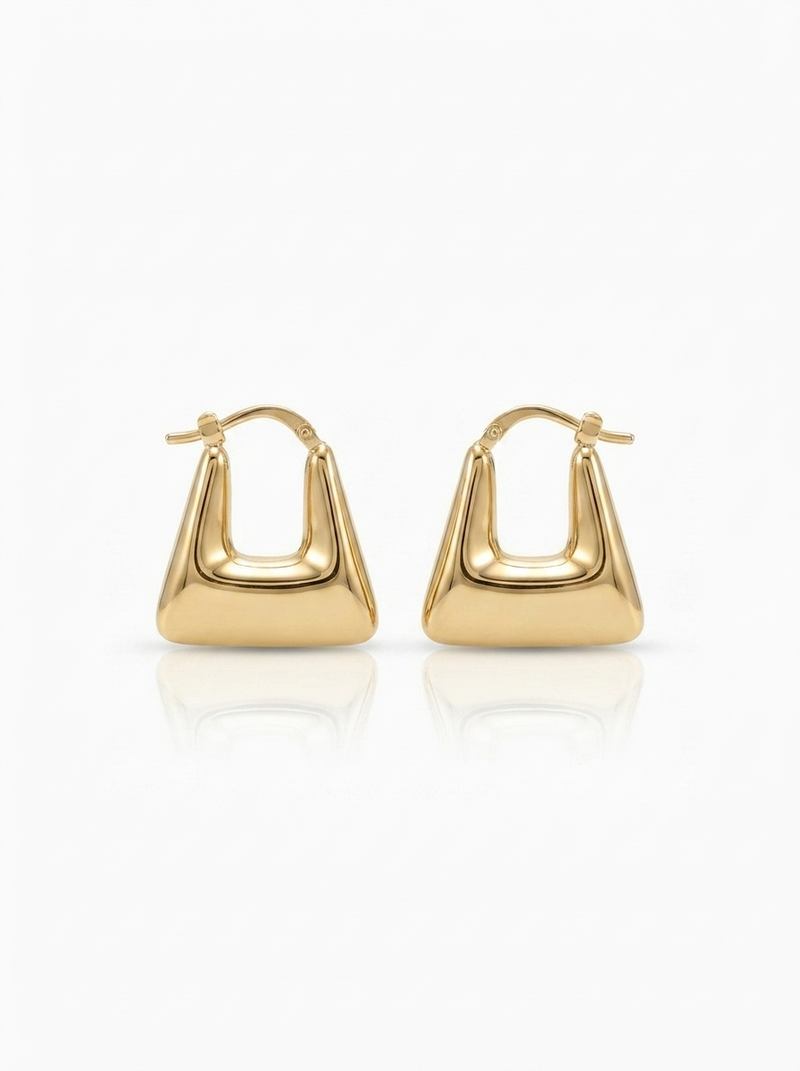Front view of 18K Gold Trapezoid Hoop Earrings