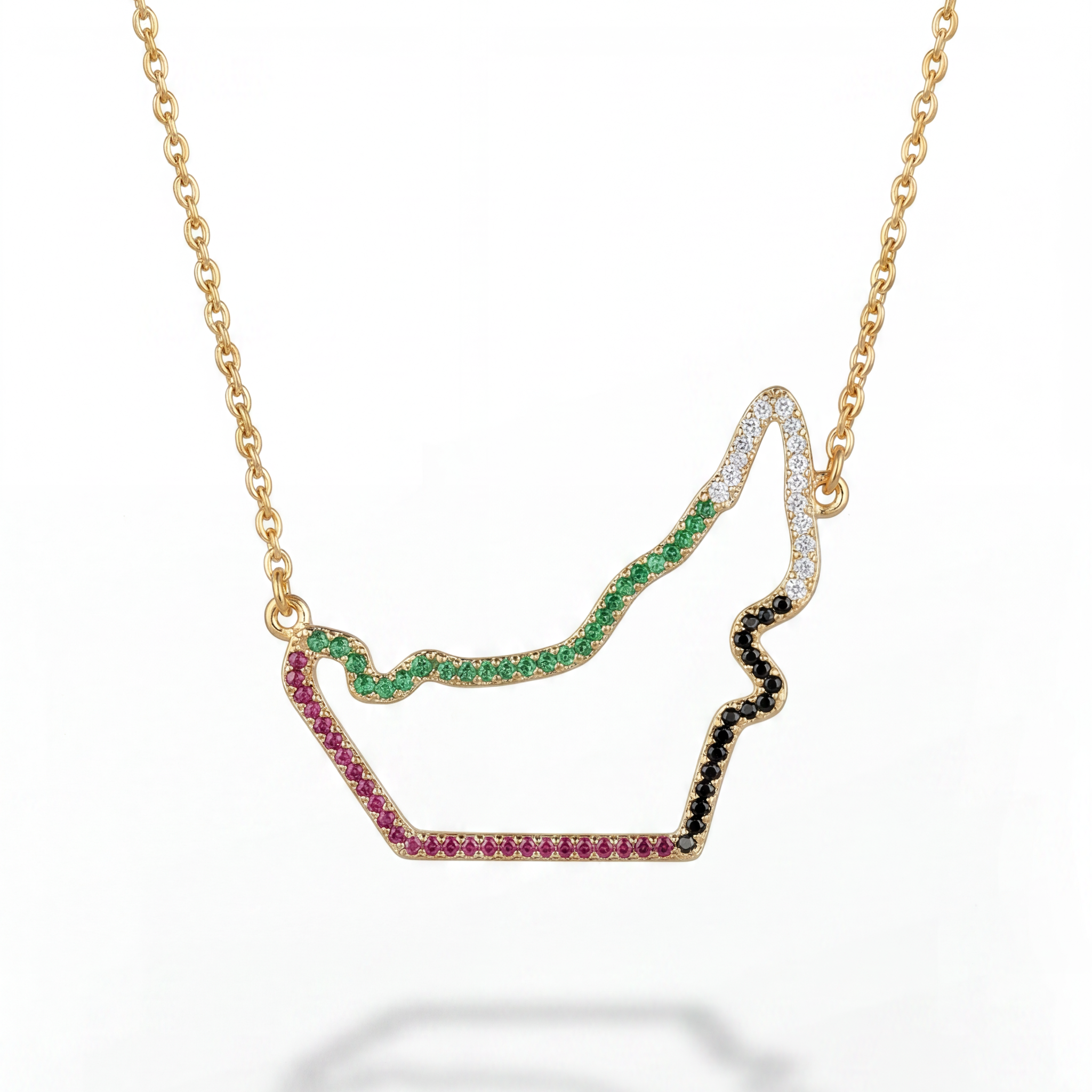 18K gold UAE map necklace with ruby and emerald stones 