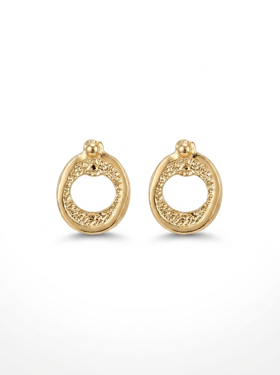 Front view of 18K Gold Textured Circle Drop Earrings