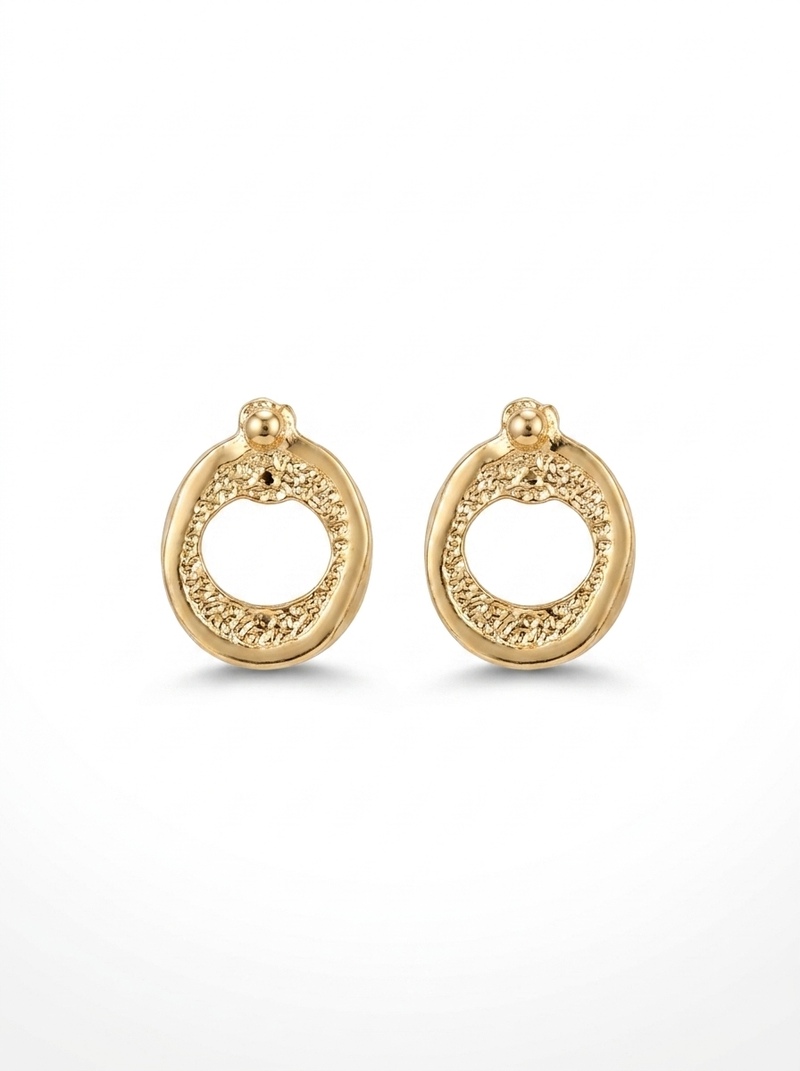 Front view of 18K Gold Textured Circle Drop Earrings