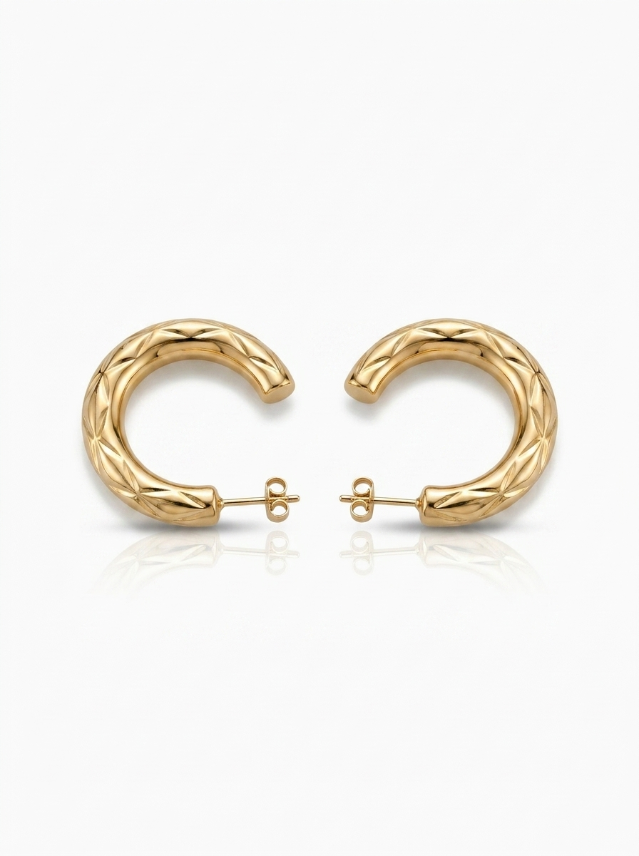 Front view of 18K Gold Diamond-Cut Hoop Earrings