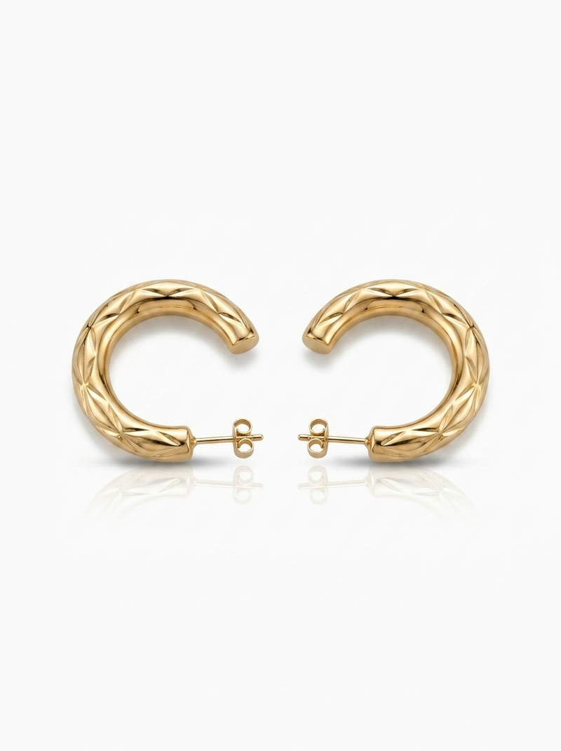 Front view of 18K Gold Diamond-Cut Hoop Earrings