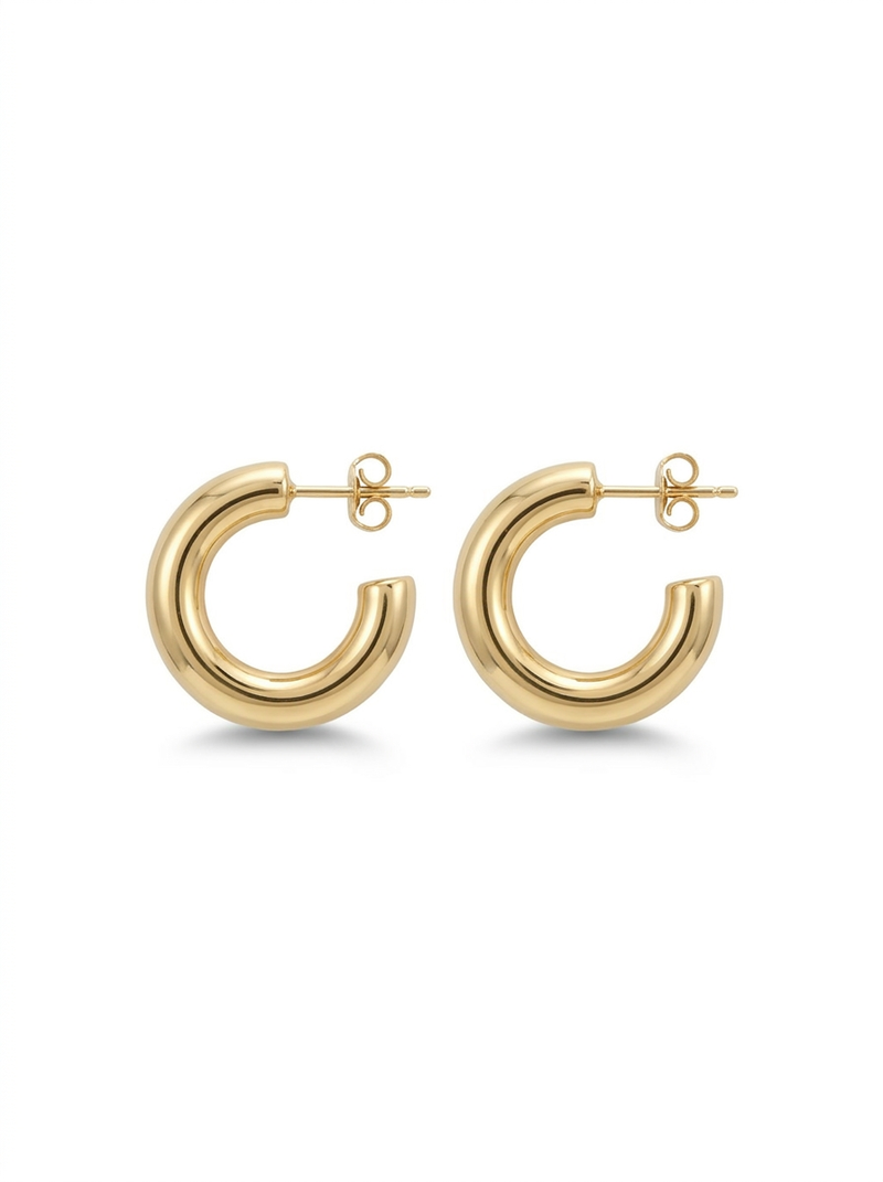 Front view of 18K Gold Sleek Tube Hoop Earrings
