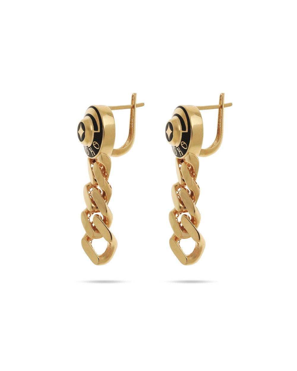 Gold chain earrings on a white background