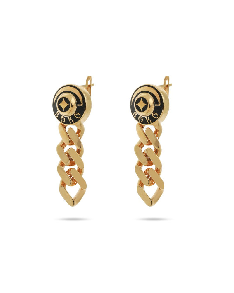 Gold chain earrings with black accents on a white background
