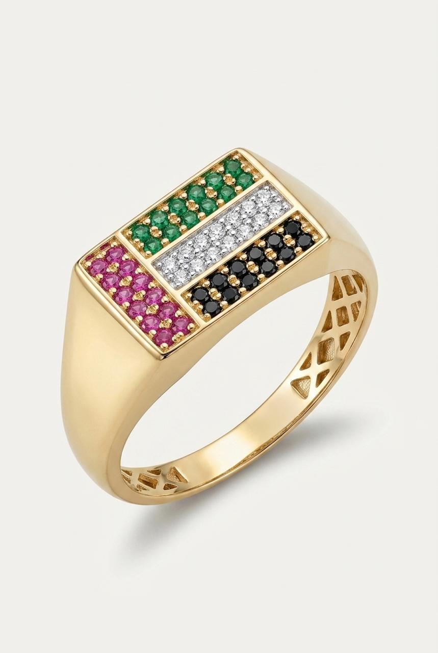 Gold ring with colorful gemstones on a light gray background