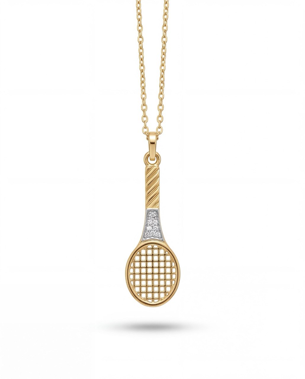 Gold tennis racket pendant on a chain against a white background