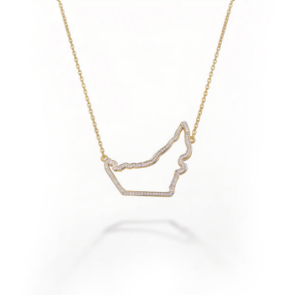 Minimalist gold UAE map necklace — open outline pendant, white background
