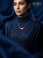 UAE map necklace in 18K gold with UAE flag enamel fill — red, white, black and green — by ROKO Jewelers Dubai