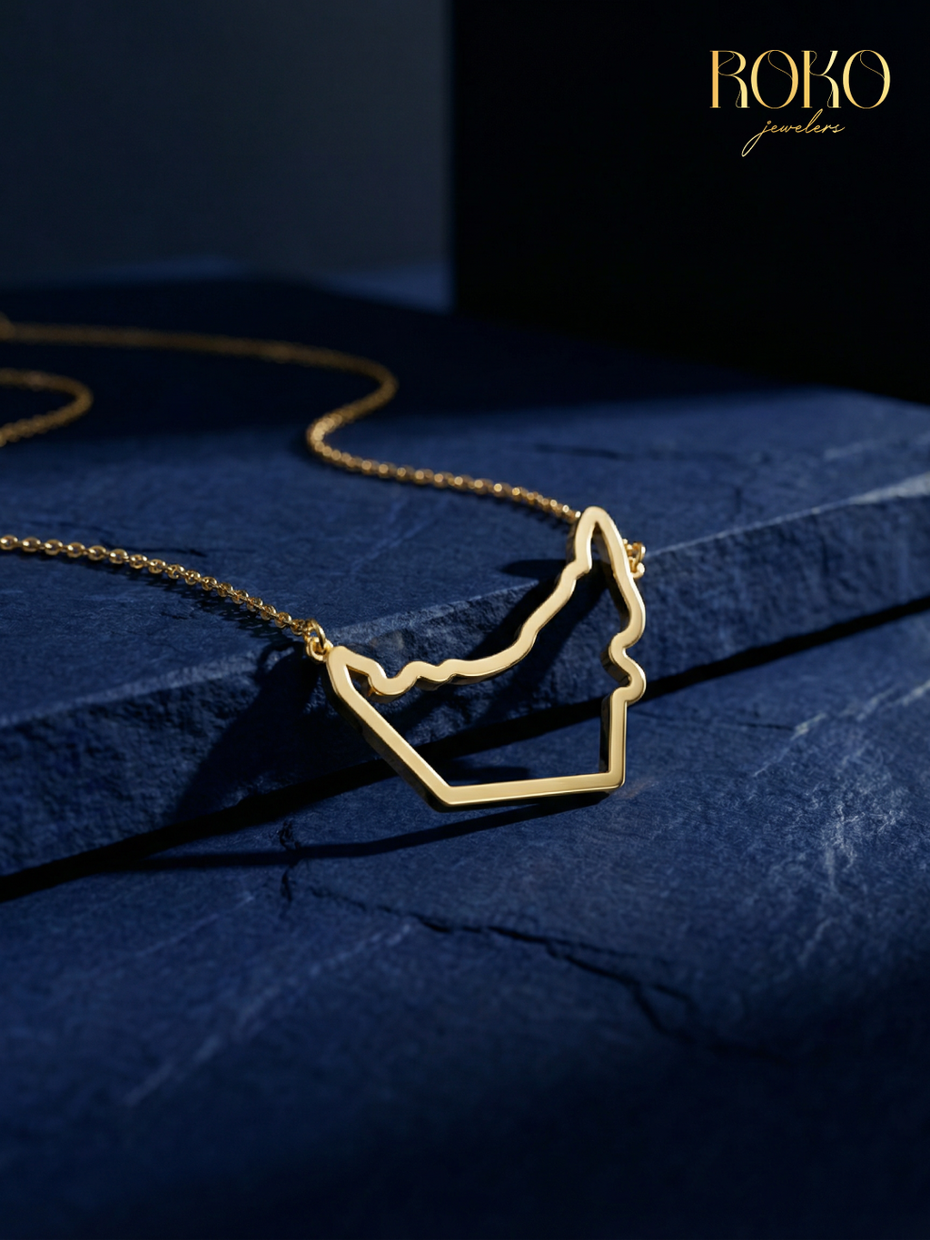 Rose gold UAE map pendant — minimalist silhouette jewelry Dubai