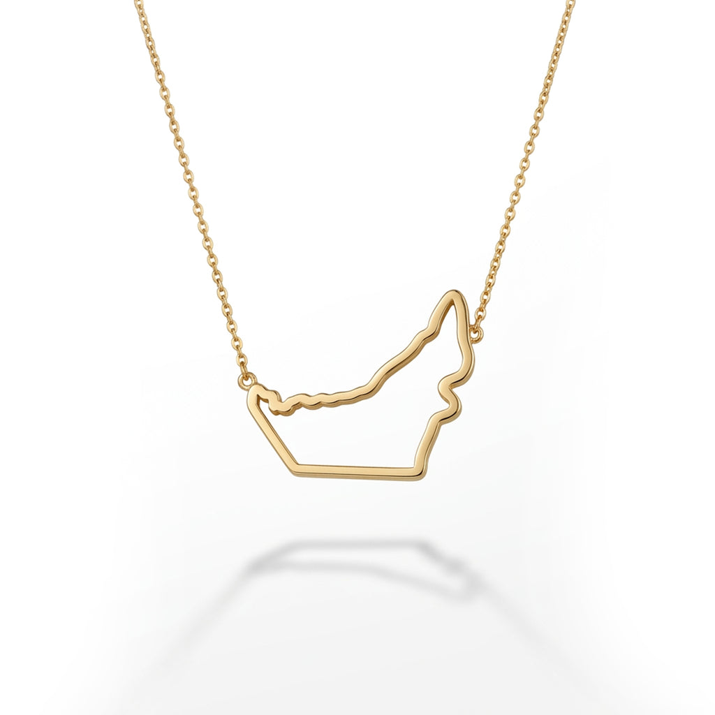 Rose gold UAE map pendant necklace — hallmark certified 18K, white background