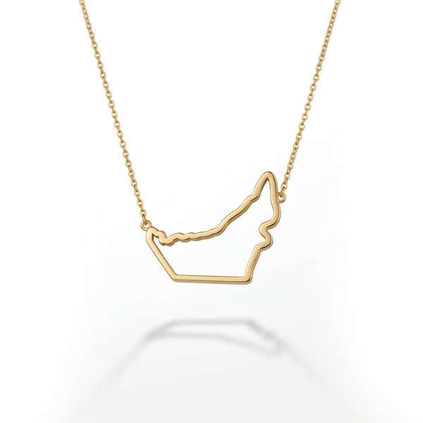 Rose gold UAE map pendant necklace — hallmark certified 18K, white background