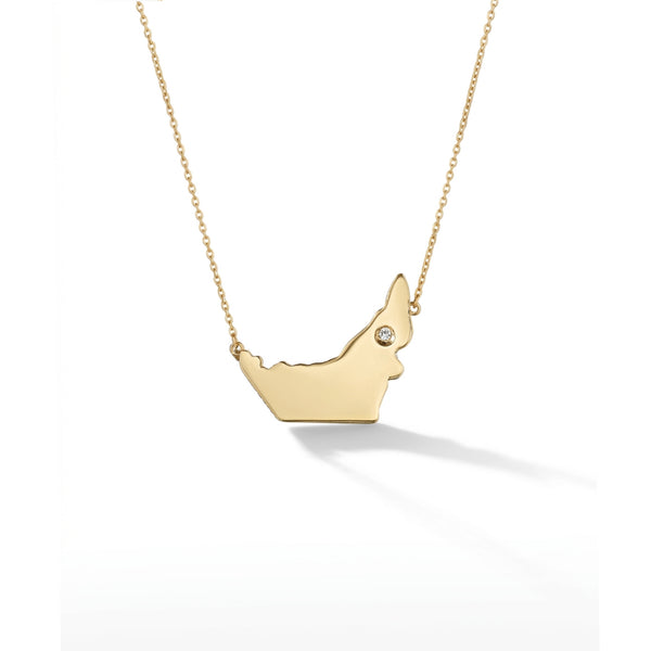 UAE map necklace in solid 18K gold — classic polished finish by ROKO Jewelers Dubai