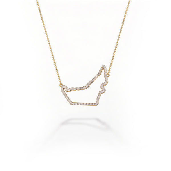 UAE map outline necklace in 18K gold — hollow silhouette design by ROKO Jewelers Dubai